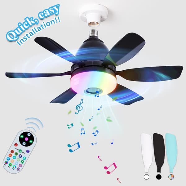 OBOSOE Takfläkt med lampa och högtalare, tyst plafondfläkt med RGB, fjärrkontroll, 3 hastigheter Svart RGB + 32W trefärgsdimmer