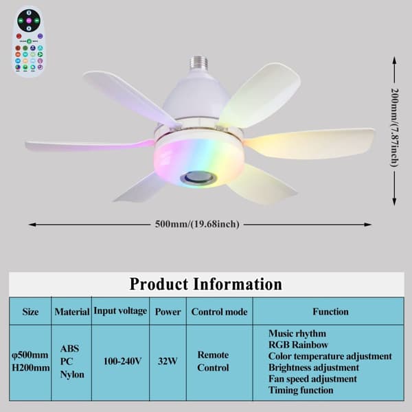 OBOSOE Takfläkt med lampa och högtalare, tyst plafondfläkt med RGB, fjärrkontroll, 3 hastigheter