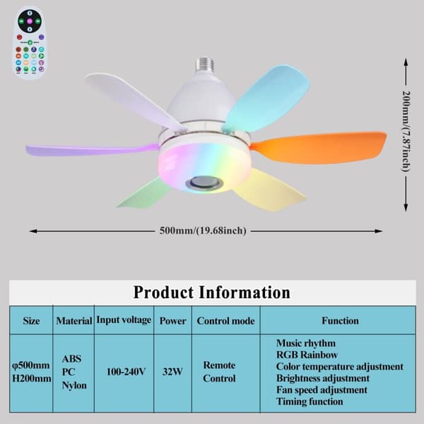 OBOSOE Takfläkt med lampa och högtalare, tyst plafondfläkt med RGB, fjärrkontroll, 3 hastigheter