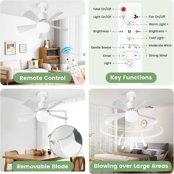 OBOSOE E27 takfläkt med lampa – 3-färgers dimbar LED & tystgående fläkt för sovrum/kök