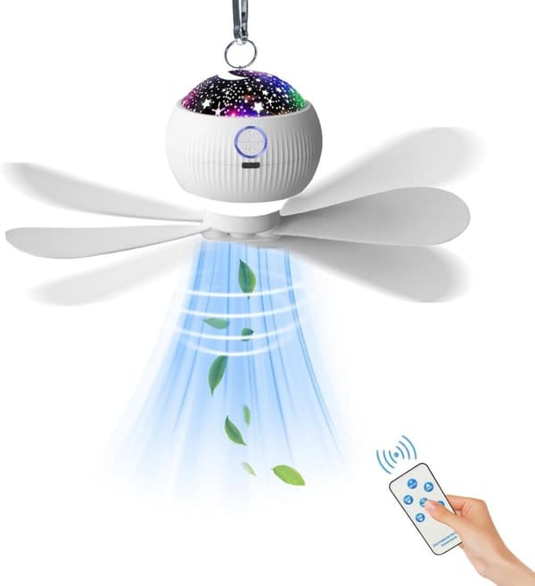 OBOSOE Campingfläkt / takfläktlampa, LED-projektor & fjärrkontroll, uppladdningsbar 3600mAh