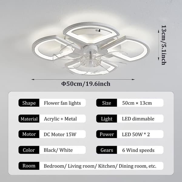 Bomclap Takfläkt 50 cm med LED-belysning - 6 Fläkthastigheter | App- & Fjärrstyrd (Variabel Hastighet