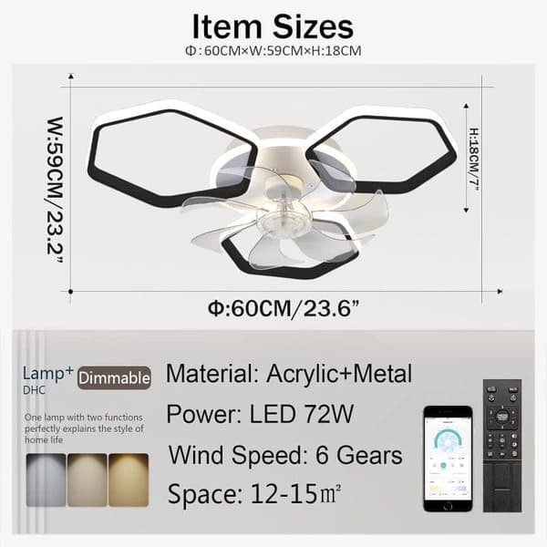 OBOSOE Inbyggd takfläkt 60 cm med LED-plafond – APP & fjärrkontroll, 87 W, dimbar