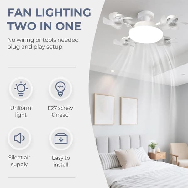 OBOSOE Loftsventilator med lampe E27, fjernbetjent ventilatorlampe med 3 hastigheder til soveværelse/stue