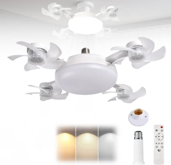 OBOSOE Loftsventilator med lampe E27, fjernbetjent ventilatorlampe med 3 hastigheder til soveværelse/stue