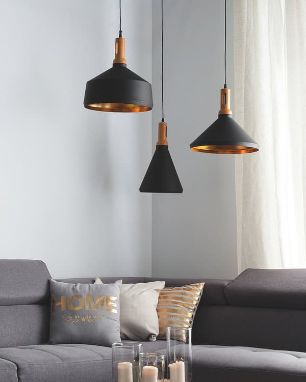 Hängande Taklampa Svart med Guld och Ljus trä Aluminium Kon Skärm Industriell Design
