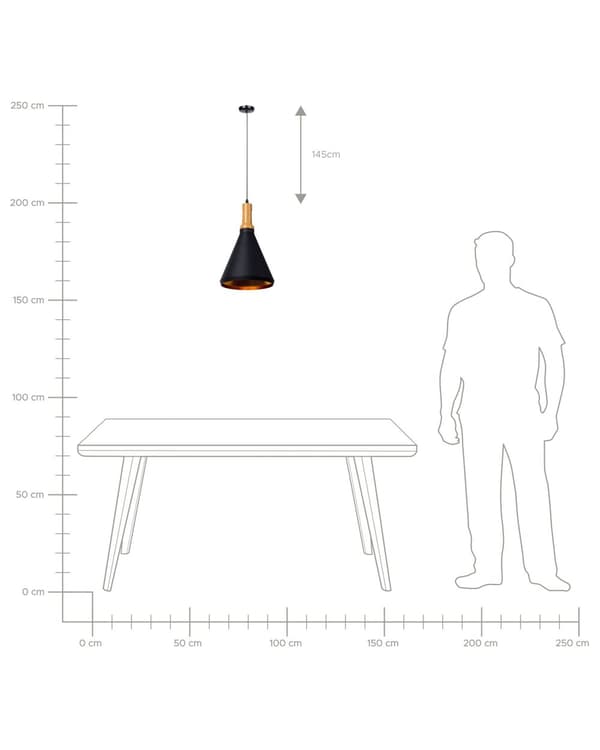 Hängande Taklampa Svart med Guld och Ljus trä Aluminium Kon Skärm Industriell Design