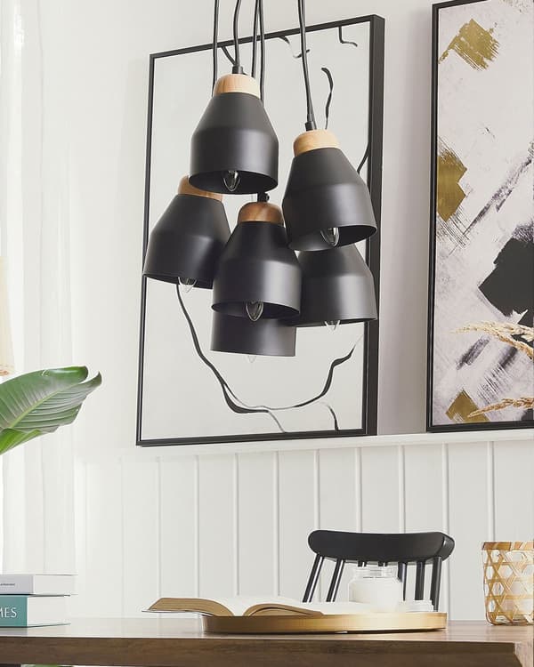 Taklampa Svart Metall och Ljust Trä 6 Lampor Klockform Modern