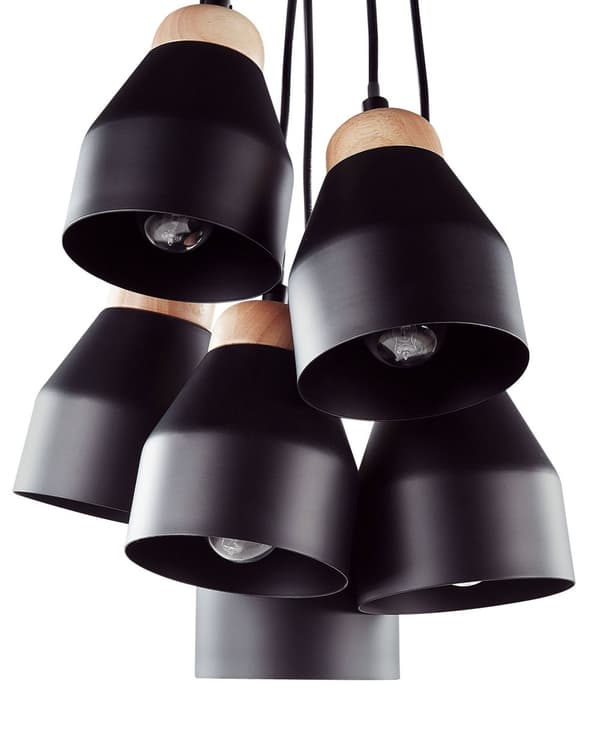 Taklampa Svart Metall och Ljust Trä 6 Lampor Klockform Modern