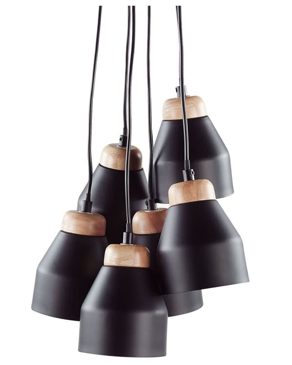Taklampa Svart Metall och Ljust Trä 6 Lampor Klockform Modern