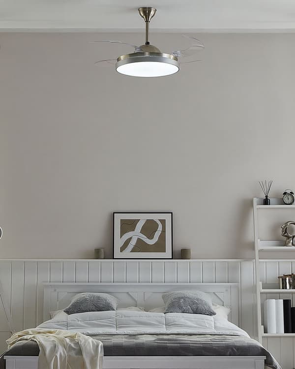 Takfläkt med Lampa Luftkonditionering Silver Syntetmaterial Metall 4 Blad Fjärrkontroll Vardagsrum Sovrum