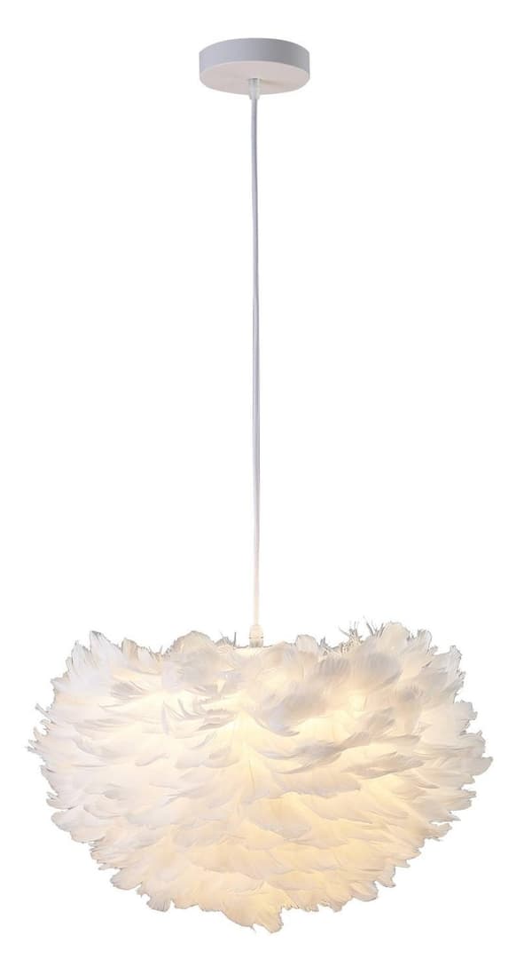 Modern and trendy ceiling lamp made of white feathers