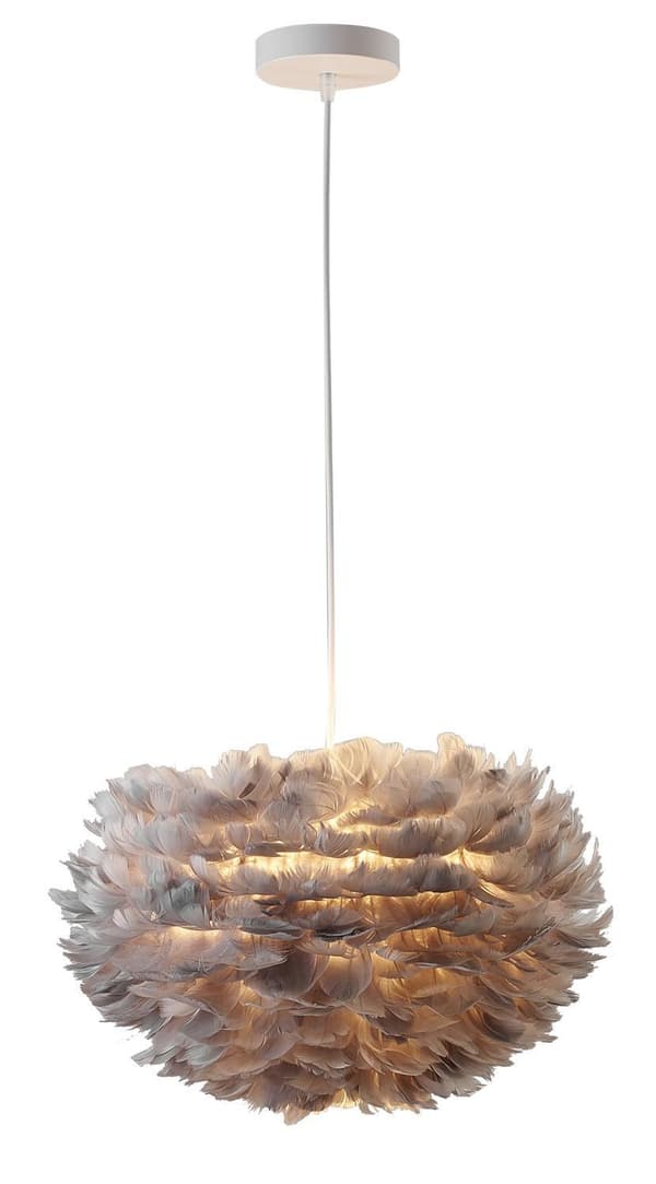 Mysig taklampa i grå fjädrar, 40 cm i diameter