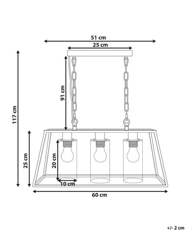 Hängande Lampa Svart Metall 117 cm Bur Ram 3 Cylinderformade Glasskärmar Taklampa