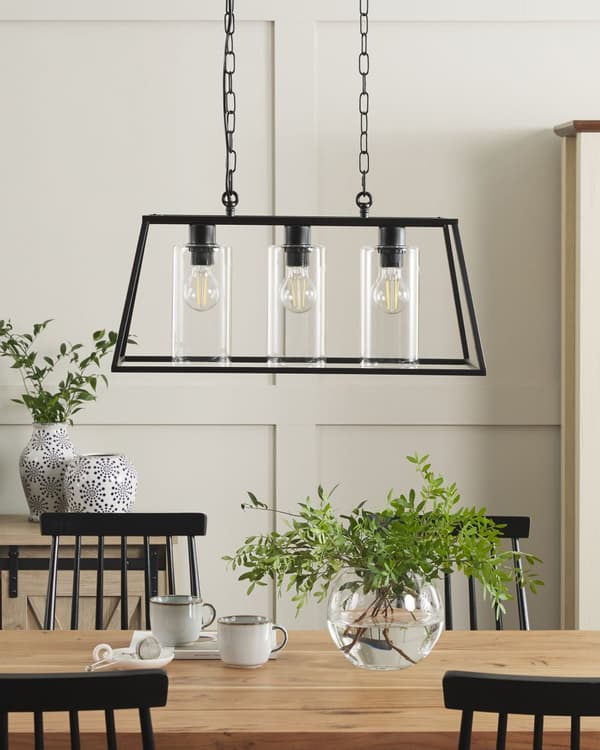 Hängande Lampa Svart Metall 117 cm Bur Ram 3 Cylinderformade Glasskärmar Taklampa
