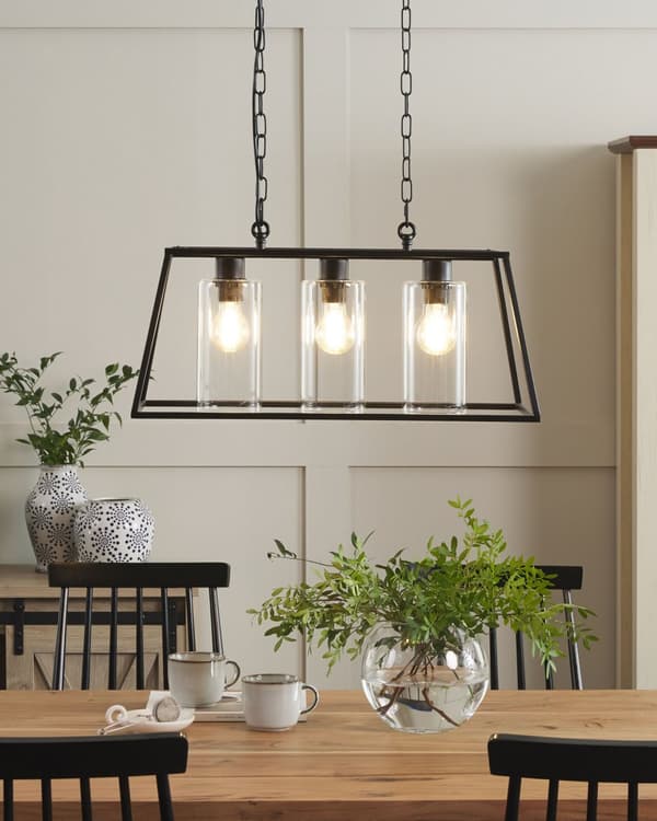 Hängande Lampa Svart Metall 117 cm Bur Ram 3 Cylinderformade Glasskärmar Taklampa