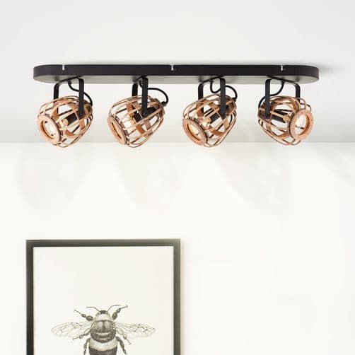 BRILLIANT lampa Nikka spot bar 4-flames svart/naturlig | 4x D45, E14, 28W, lämplig för dropplampor (ingår ej)
