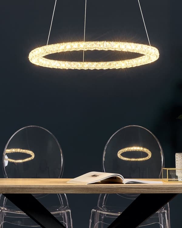 Hängande Lampa Silver Kristall Glas Stål Integrerad LED-ljus Ring Rund Form Modern Glamorös Belysning