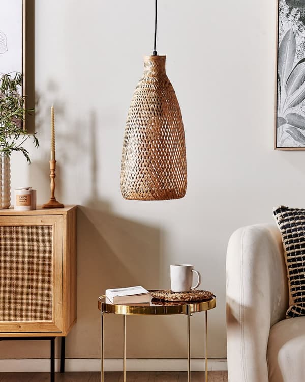 Pendellampa Ljust trä Bambu Öppen skärm Svart Sladd Boho Hänglampa