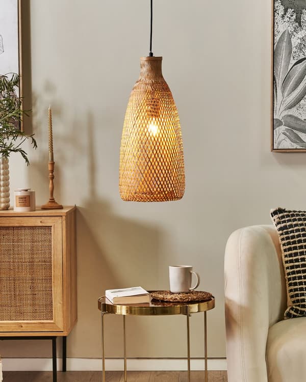 Pendellampa Ljust trä Bambu Öppen skärm Svart Sladd Boho Hänglampa