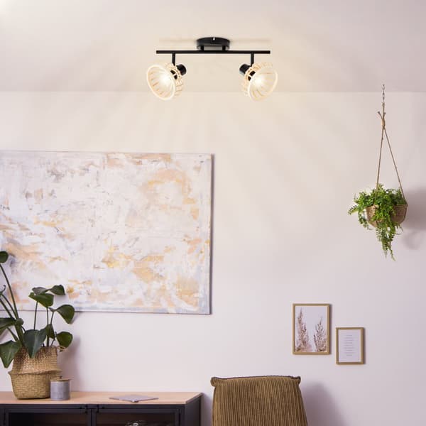 Brilliant Norah spotlight 2-flamme. lyst træ/sort, metal/bambus, 2x D45, E14, 28 W
