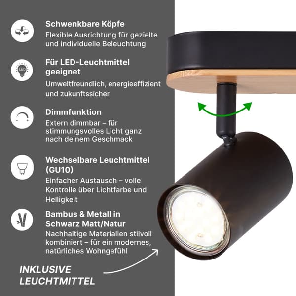 Brilliant Niels spotbar 3 liekin mattamusta/luonnollinen, metalli/bambu, 3x LED, GU10, 10 W
