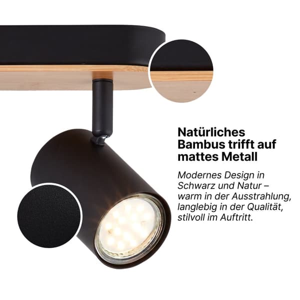 Brilliant Niels spotbar 3 liekin mattamusta/luonnollinen, metalli/bambu, 3x LED, GU10, 10 W