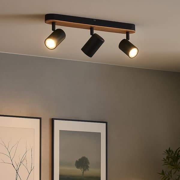 Brilliant Niels spotbar 3 liekin mattamusta/luonnollinen, metalli/bambu, 3x LED, GU10, 10 W