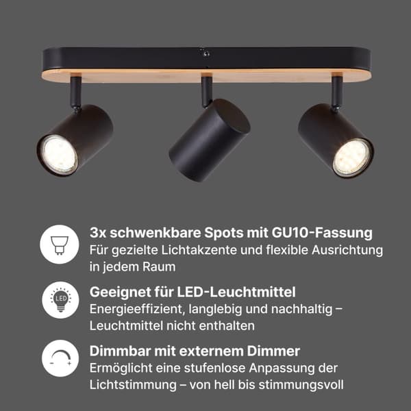 Brilliant Niels spotbar 3 liekin mattamusta/luonnollinen, metalli/bambu, 3x LED, GU10, 10 W