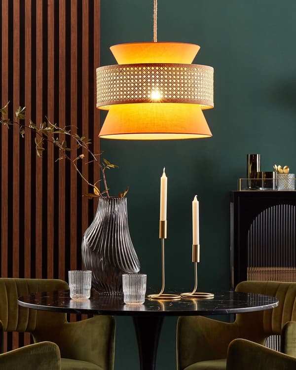 Pendellampa Naturlig Korallröd Rotting Polyester Skärm Boho Belysning Hängljus