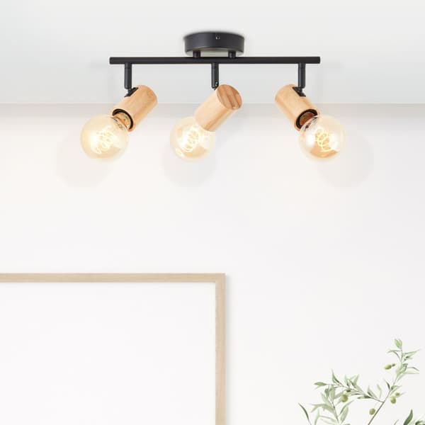 Brilliant Kerry spotrør 3 flammer sort/træ metal/bambus   3x A60, E27, 40 W, egnet til normal lampe (medfølger ikke)