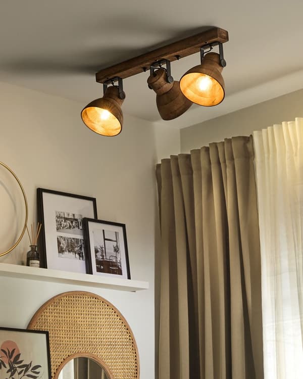 3-ljus spotlight mörk mangoträ och svart modern design justerbara skärmar