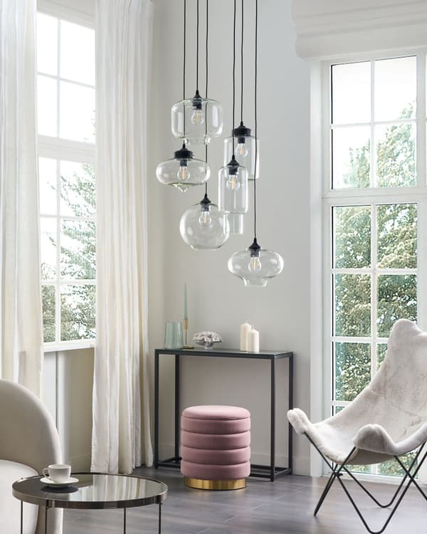 Taklampa Transparenta Glasskärmar Svart Järn 6 Lampor Modern Design Heminredning Tillbehör Vardagsrum