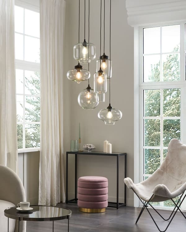 Taklampa Transparenta Glasskärmar Svart Järn 6 Lampor Modern Design Heminredning Tillbehör Vardagsrum