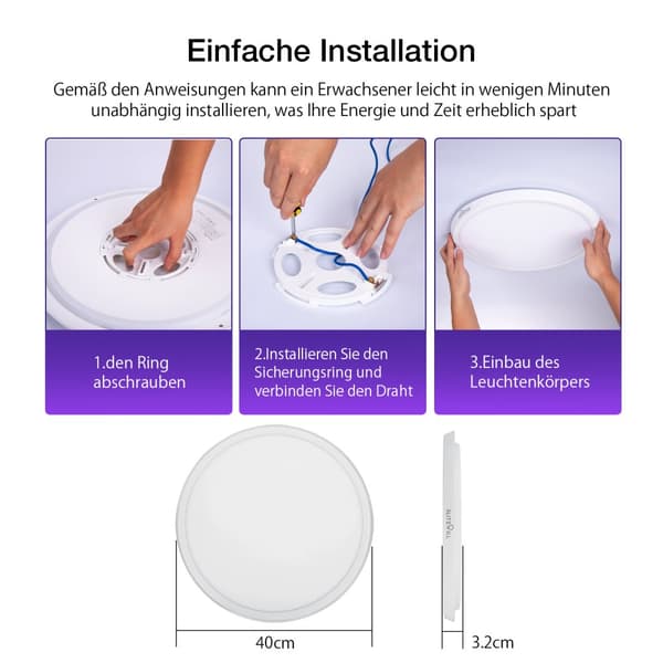 BW-CLT2 LED Smart-loftslys 40 cm med hovedlys og RGB-atmosfærelys, 2700-6500K justerbar, APP-stemmefjernbetjening og gør-det-selv-scenetilstand