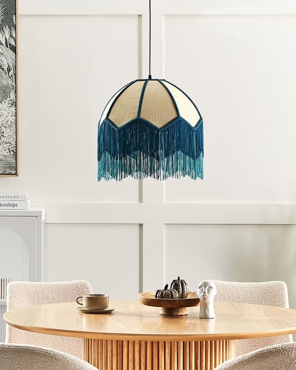 Hängande Taklampa Blå Papper Tyg 182 cm Fransar med Tofsar Belysning Retro Vintage Vardagsrum Hall Sovrum