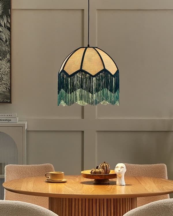 Hängande Taklampa Blå Papper Tyg 182 cm Fransar med Tofsar Belysning Retro Vintage Vardagsrum Hall Sovrum