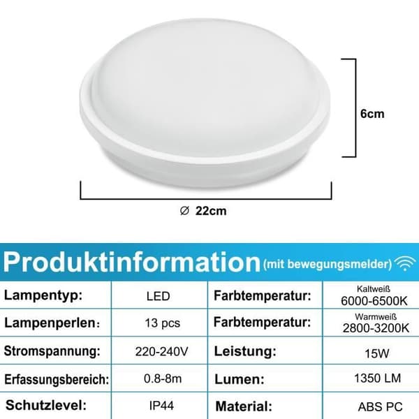 LED taklampa - XMTECH - 15W - Kall vit - IP44 - Rörelsedetektor