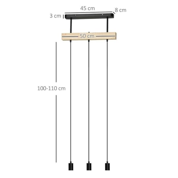 Rootz Pendellampa - Hänglampa - 3-lampa - Justerbar i höjdled - Industriell design - Metall + Trä - Svart - 50L x 8W x 33H cm