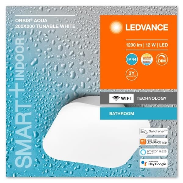 LEDVANCE Smart LED-taklampa, vit, 1200LM, 3000-6500K, 200mm x 200mm, IP44, Orbis Aqua vägglampa med teknologi
