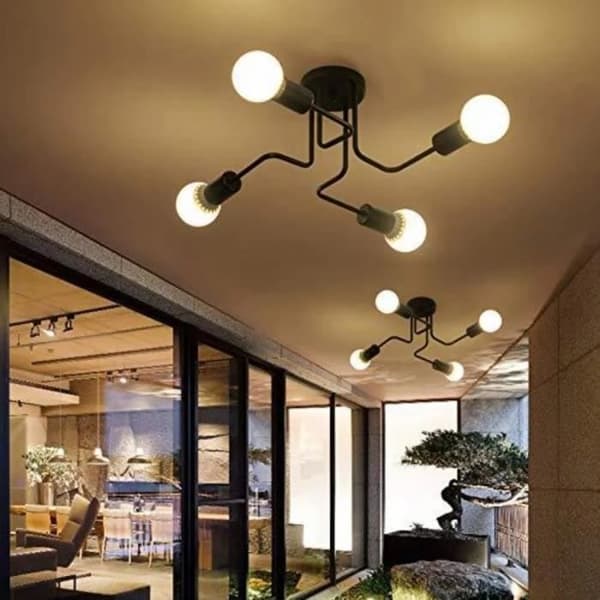 LED-taklampa, industriell takkrona, retrostil, 4-ljus, E27-sockel, svart (utan glödlampor)