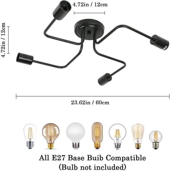LED-taklampa, industriell takkrona, retrostil, 4-ljus, E27-sockel, svart (utan glödlampor)