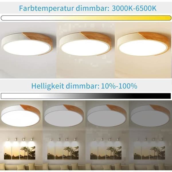 Modern LED-taklampa - DORLINK - Runt trä - Steglös avbländning - Fjärrkontroll - Ø50 cm