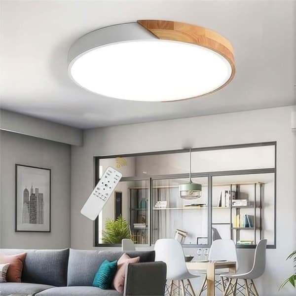 Modern LED-taklampa - DORLINK - Runt trä - Steglös avbländning - Fjärrkontroll - Ø50 cm