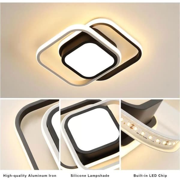 Modern LED-taklampa, design - 2 kvadrater, belysning för sovrumskorridor, 32W, 3200 Lumen, 3000K varmvitt ljus, svart