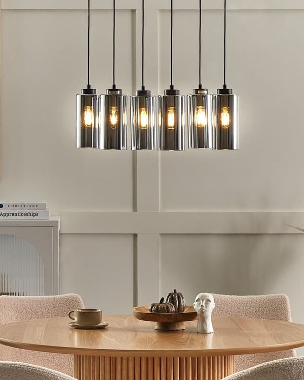 Hängande lampa Grå och svart järnbas Rökt glasskärm 6 ljuspunkter Heminredningstillbehör Belysning