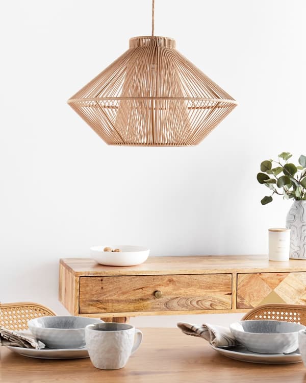 Hängande Lampa Beige Bomull Burskärm Japandi Naturlig Stil Vardagsrum Sovrum Kök