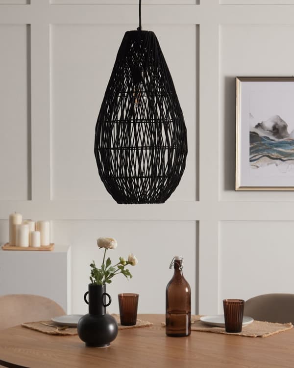 Hängande lampa Svart Bomull Rep Bur Skärm Japandi Naturlig Stil