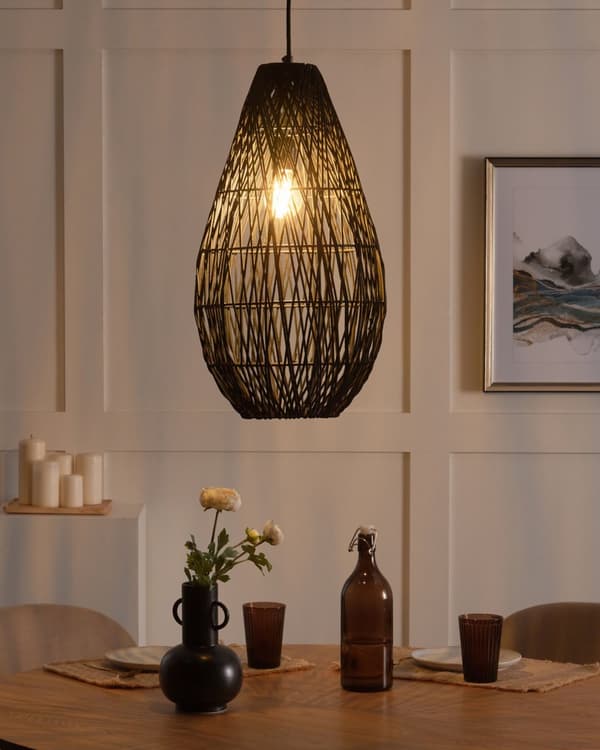 Hängande lampa Svart Bomull Rep Bur Skärm Japandi Naturlig Stil