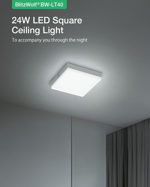 BW-LT40 LED fyrkantig taklampa 24W 2200LM 3 Färgtemperatur Fjärrkontroll Nattljus Minnesfunktion